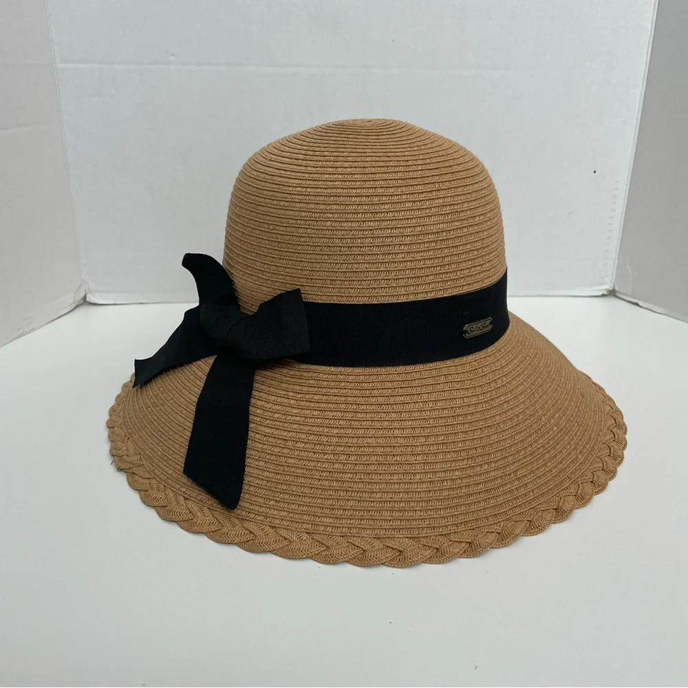 Sun N’ Sand Headwear Hat Bucket Braided Adjustable Tan Black UPF 50 Beach Travel